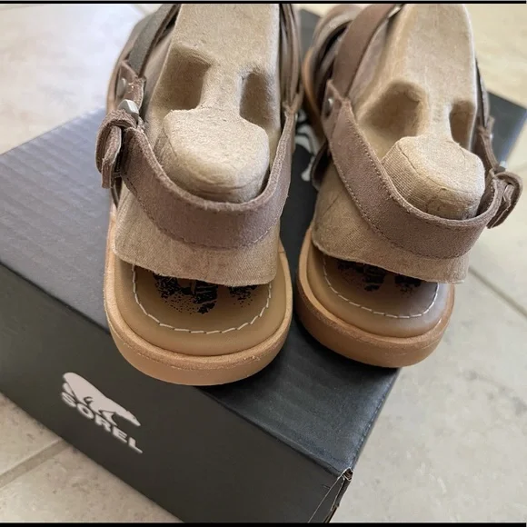 New SOREL Ash Brown Metallic Ella Leather Sandals - Picture 4 of 6